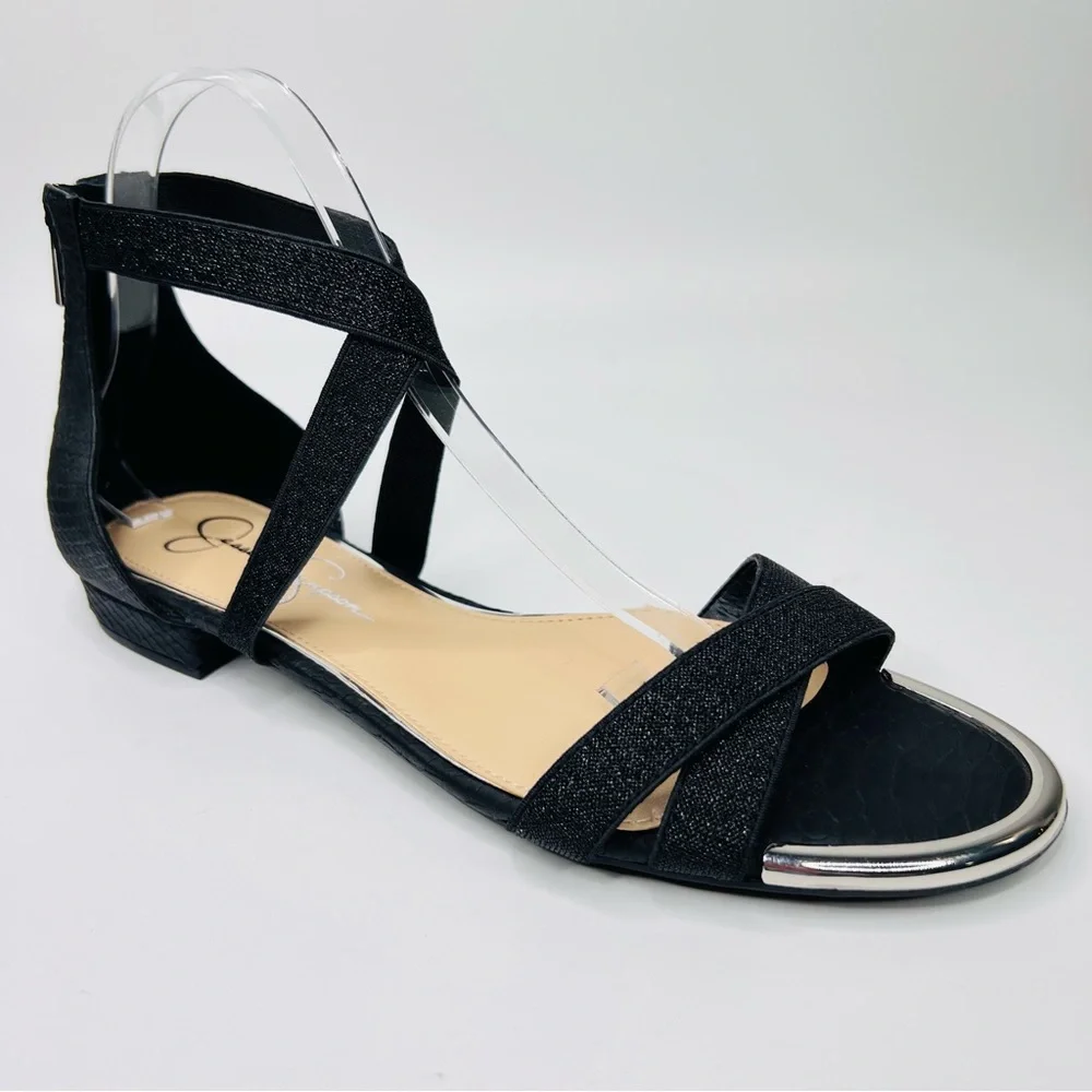 Jessica Simpson Aimlee Black /Silver Ankle Strap Block Low Heel Dressy Sandal